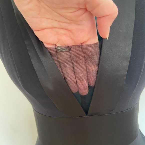 Black Tuxedo High Low Chiffon Dress with Slit & Sheer Plunging Neckline - Picture 4 of 11